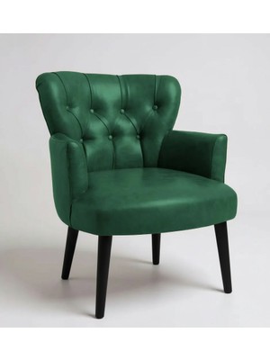 Waterybrook Tekli Berjer Koltuk - Kapitoneli Suni Deri - Siyah Ahşap Ayaklı - Modern Tasarım