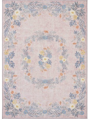 Cool Halı Florence Pembe Mavi Romantik Çiçek Desenli Yıkanabilir Dokuma Salon Oturma Odası Halısı