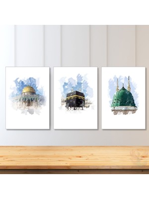 Artarilion Dikey 3'lü Kanvas Tablo Kabe Mescid-I Aksa Mescid-I Nebevi Dini Manevi Islami Duvar Salon Tablosu