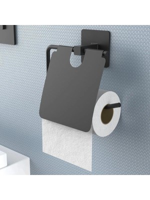 Go İthalat Kendiliğinden Yapışkanlı Siyah Paslanmaz Metal Kapaklı Tuvalet Kağıtlığı Aparatı (784)