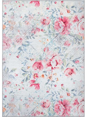 Cool Halı Florence Gri Pembe Çiçekli Dekoratif Yıkanabilir Dokuma Şönil Ince Salon Ev Oda Halısı
