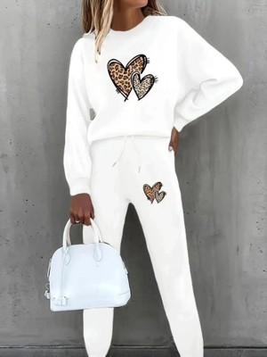 Defy Moda Kadın Uzun Kollu Bisiklet Yaka Kalp Desenli Şardonlu Üç Iplik Bluz ve Pantolon Ikili Takım