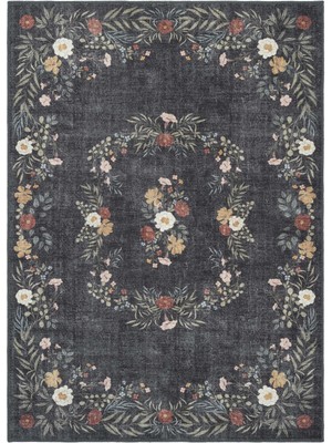 Cool Halı Florence Siyah Kahve Çiçekli Eskitme Otantik Yıkanabilir Dokuma Salon Oturma Odası Halısı