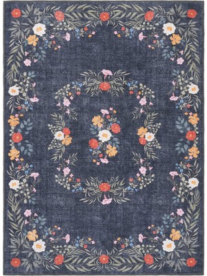 Cool Halı Florence Lacivert Yeşil Çiçekli Dekoratif Bohem Ince Yıkanabilir Şönil Dokuma Salon Halısı