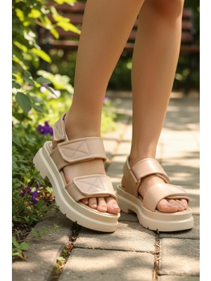 Shoemix Kadın Nut Cırt Cırtlı Kalın Tabanlı Casual Sandalet Günlük Konforlu Yazlık Ayakkabı