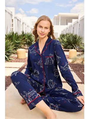 Aydoğan Lodos Store Kadın V Yaka Uzun Kollu Önden Düğmeli Pamuklu Pijama Takımı Paris Desenli
