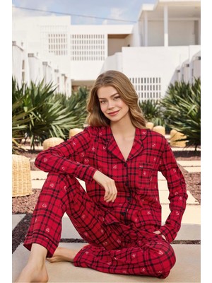Aydoğan Lodos Store Kadın V Yaka Uzun Kollu Önden Düğmeli Pamuklu Pijama Takımı Ekose Desenli
