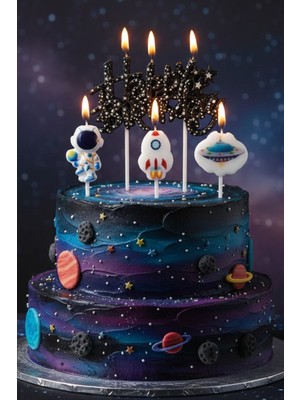 Uzay Happy Birthday 4 Lü Doğum Günü Parti Seti Süsü Mumu