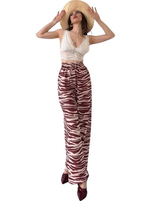 Evyora Desenli Belden Lastikli Pantolon - Kahve Desenli̇