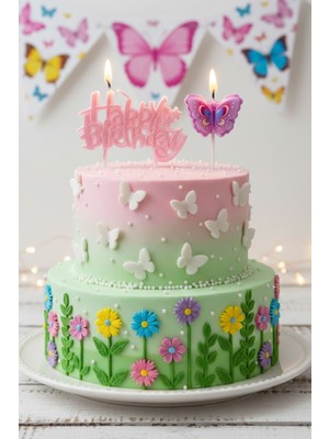 Happy Birthday Kelebek 2 Parça Doğum Günü Parti Seti Süsü Mumu