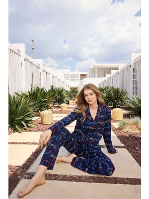 Aydoğan Lodos Store Kadın V Yaka Uzun Kollu Önden Düğmeli Pamuklu Pijama Takımı Love Desenli