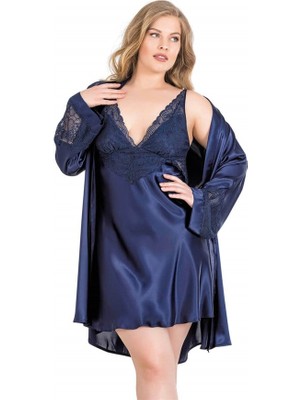 Hayat Store Arias Closet Büyük Beden Lacivert Kısa Ikili Saten Sabahlık Gecelik Takımı