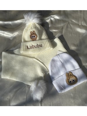 IRONMOON 3lü Takım Labubu Nakışlı Peluş Ponponlu Bere ve Boyunluk Seti