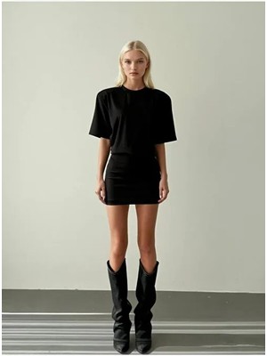 GILLA'S QUEEN Kadın Siyah Vatkalı Bel Lastikli Tişort Mini Elbise