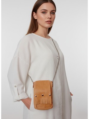 Balkonda Kadın Çanta Deri El Dikişli Zincir ve Deri Kordon Çapraz Askılı Dik Model Hardal Sarısı