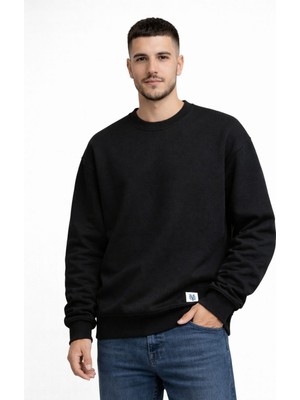 Erkek Siyah Basic Oversize Sweatshirt | %100 Pamuklu 3 Iplik Şardonlu Kalın Kışlık
