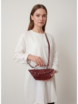 Balkonda Kadın Çanta Crayz Dana Deri El Dikişli Askılı Deri Kordon Ayarlanabilir Bordo