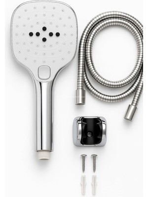 Hepta Collection Spiralli Duş Başlığı Seti, 3 Fonksiyonlu Tuşlu Geniş Gövde Krom Duş Başlığı, 150 cm Duş Hortumu, Maf