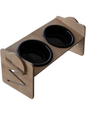 Hepta Collection Tineke Ayarlanabilir Ahşap 2 Plastik Taslı Kedi ve Köpek Mama ve Su Kabı Siyah