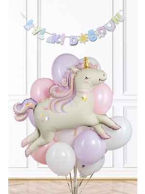 Pekshop Unicorn Tema Doğum Günü Balon Seti Retro Unicorn Balon ve Bannerlı Set