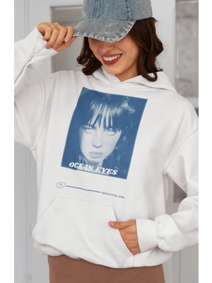 Sevbano Tasarım Billie Eilish Ocean Eyes Baskılı Unisex Oversize Şarkıcı Hoodie