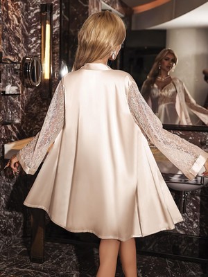 MiraLive Özel Tasarım Şık Dantel Işlemeli Sabahlıklı 2'li Pudra Saten Gecelik Takımı