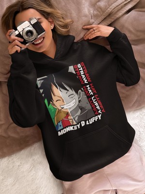 Sevbano Monkey D. Luffy Straw Hat Luffy Baskılı Unisex Oversize One Piece Anime Karakter Hoodie