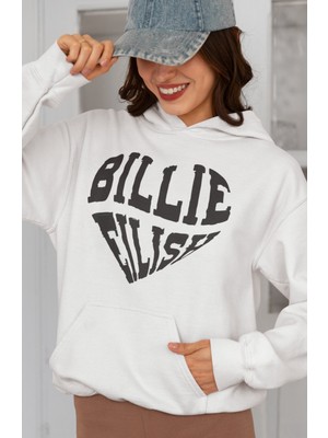 Sevbano Tasarım Kalp Temalı Billie Eilish Baskılı Unisex Oversize Şarkıcı Hoodie