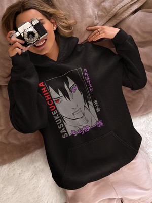 Sevbano Sasuke Uchiha Naruto Baskılı Unisex Oversize Anime Karakter Hoodie