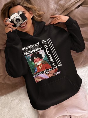 Sevbano Monkey D. Luffy Baskılı Unisex Oversize One Piece Anime Karakter Hoodie