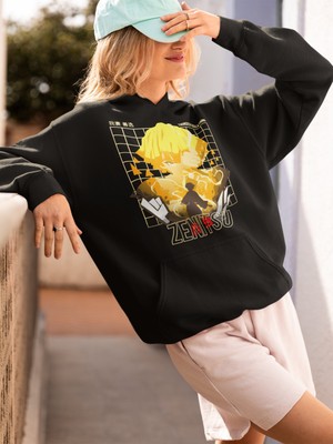 Sevbano Tasarım Zenitsu Agatsuma Baskılı Unisex Oversize Kimetsu No Yaiba Wiki Anime Hoodie