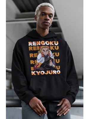 Sevbano Rengoku Kyojuro Baskılı Unisex Oversize Kimetsu No Yaiba Anime Hoodie