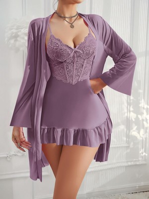 MiraLive Özel Tasarım Dantel Işlemeli Fırfırlı Sabahlıklı 2'li Mor Gecelik Takımı