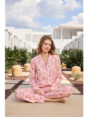 Aydoğan Lodos Store Kadın V Yaka Uzun Kollu Önden Düğmeli Pamuklu Pijama Takımı Yılbaşı Ağaç Desenli