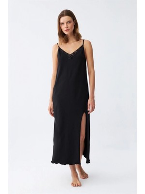 MiraLive Miray- Kadın Ip Askılı Uzun Gecelik Siyah