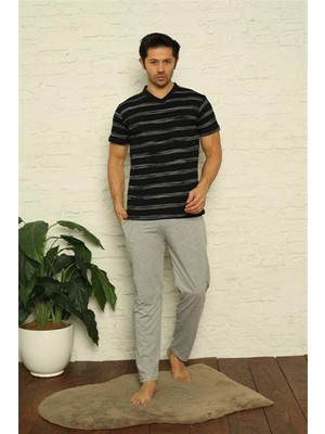 MiraLive Miray- Erkek Siyah V Yaka 3'lü Pijama Takım