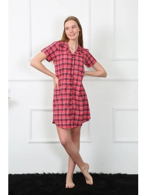 MiraLive Miray- Kadın Dokuma Kumaş Önden Düğmeli Kırmızı Tunik Gecelik