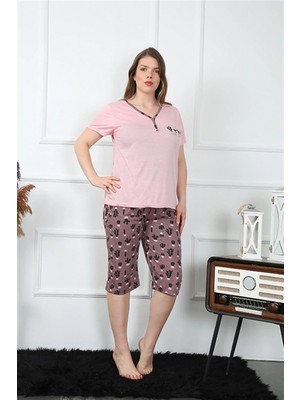 MiraLive Miray- Kadın Büyük Beden Viscon Kapri Pijama Takım Pembe