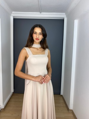 Gökkuşağı Moda Bej Askılı Straplez Bel Korsajlı Üst Krep Alt Şifon Uzun Abiye Elbise