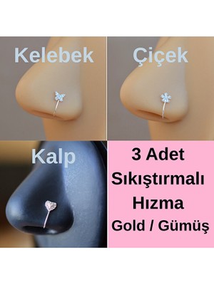 Heppii 3 Adet 925 Ayar Gümüş Deliksiz Sıkıştırmalı Burun Hızma Seti – Kelebek, Kalp , Çiçek, 3’lü Set