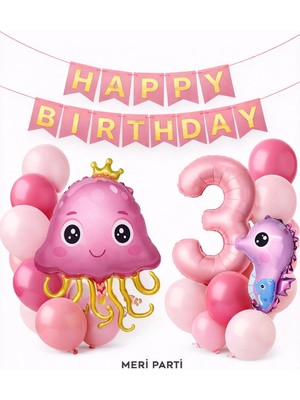 Meri Parti Deniz Canlıları Temalı 4 Yaş Doğum Günü Balon Seti – Pembe & Fuşya Konsept Yaş Seçenekli