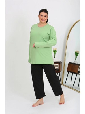 MiraLive Miray- Kadın Büyük Beden Uzun Kol Penye Pijama Takımı Fıstık Yeşili