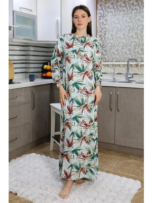 MiraLive Miray- Kadın Uzun Kol Penye Gecelik Ev Elbisesi Yeşil