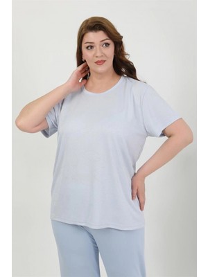 MiraLive Miray- Kadın Büyük Beden Kısa Kol Penye Pijama Takımı Mavi