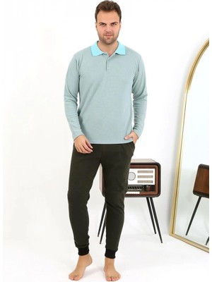 MiraLive Miray- Erkek Polo Yaka Uzun Kol Penye Pijama Takımı Su Yeşili