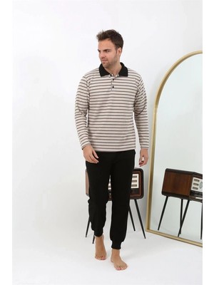 MiraLive Miray- Erkek Polo Yaka Uzun Kol Penye Pijama Takımı Krem