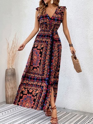 Moderie Butik Kadın Kısa Kollu V Yakalı Deseni Yırtmaçlı Süprem Elbise