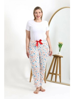 MiraLive Miray- Kadın Pamuklu Büyük Beden Alt Pijama Ekru