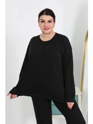 MiraLive Miray- Kadın Büyük Beden Uzun Kol Penye Pijama Takımı Siyah