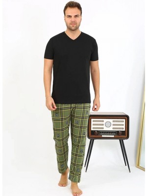 MiraLive Miray- Erkek Ekoseli Desen Penye Tek Alt Pijama Haki